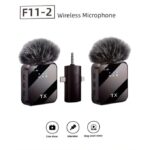 F11-2 wireless microphone system with two transmitters and a central receiver with furry windshields; icons show live show, interview, and vlog.