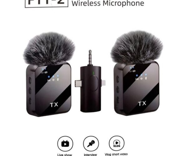 F11-2 wireless microphone system with two transmitters and a central receiver with furry windshields; icons show live show, interview, and vlog.