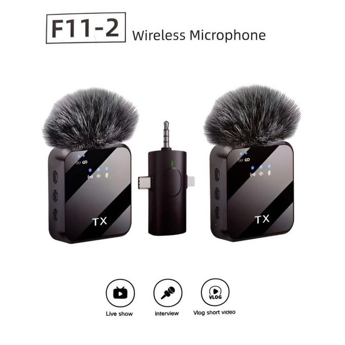 F11-2 wireless microphone system with two transmitters and a central receiver with furry windshields; icons show live show, interview, and vlog.