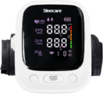Sinocare digital blood pressure monitor with cuff, displaying systolic/diastolic readings and pulse on a black screen at home use.