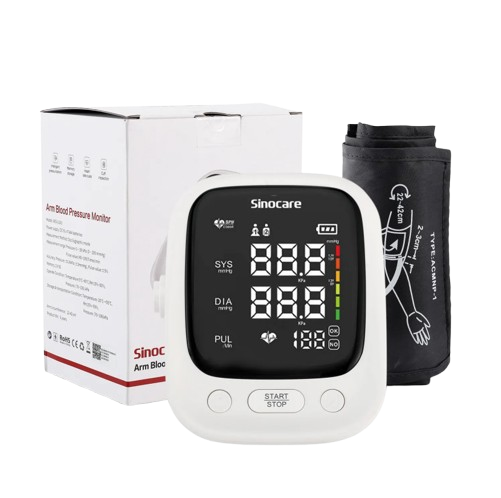 White digital blood pressure monitor with cuff and its box, ready-to-use health device setup.