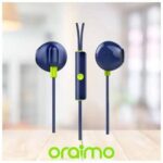 Three blue Oraimo in-ear headphones with lime green accents, suspended on stands over a wooden surface.