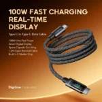 Coiled USB-C to USB-C charging cable with a built-in real-time power display on an orange gradient background.