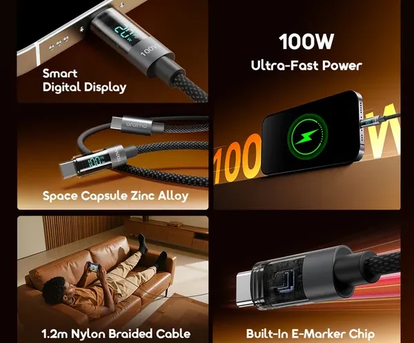 Collage of a 100W USB-C cable highlighting smart display, zinc-alloy connector, 1.2m nylon braided cable, and E‑Marker chip.