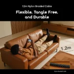 Man reclining on a brown sofa using a phone; inset shows a 1.2m nylon braided cable, marketed as flexible, tangle-free, and durable.