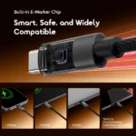 USB‑C charging cable with a built‑in E‑Marker chip; caption reads 'Smart, Safe, and Widely Compatible' with device icons (Phone, Laptop, Tablet) beneath