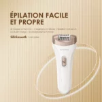 Epilation device SilkSmooth (OBE-210N) in white and rose gold against a beige striped background with a prominent power button visible.