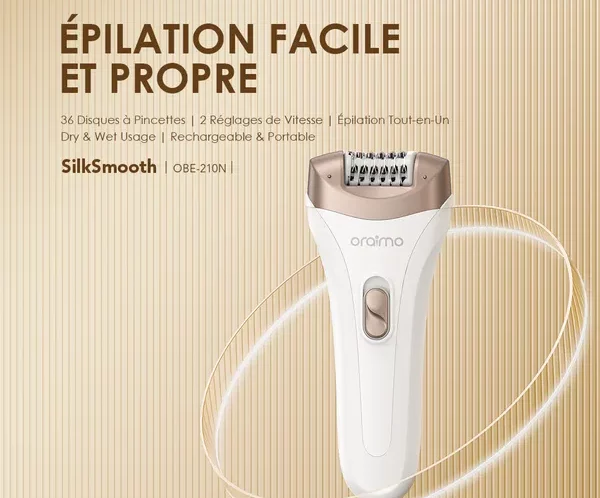 Epilation device SilkSmooth (OBE-210N) in white and rose gold against a beige striped background with a prominent power button visible.