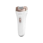 White cordless epilator with a rose-gold head and a central on/off switch for hair removal (Oraimo)