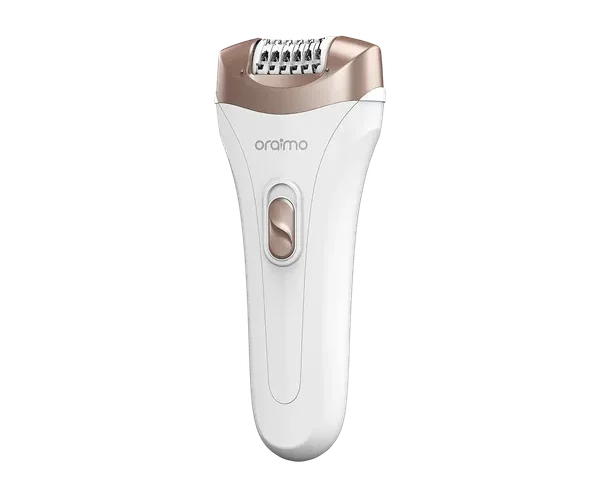 White cordless epilator with a rose-gold head and a central on/off switch for hair removal (Oraimo)