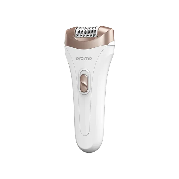 White cordless epilator with a rose-gold head and a central on/off switch for hair removal (Oraimo)