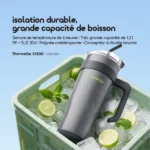 ThermoGo S1200 insulated bottle with handle in a crate of ice, lime, and mint—emphasizes durability and large capacity.