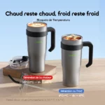 Two stainless steel insulated mugs with handles on a wooden surface; left mug with hot coffee, right mug with ice, with red and blue captions about heat and cold retention in French.