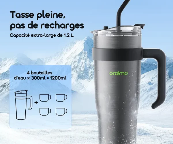 Tall stainless steel Oraimo water pitcher with black handle and spout, set against snowy mountains, advertising 1.2 L capacity.