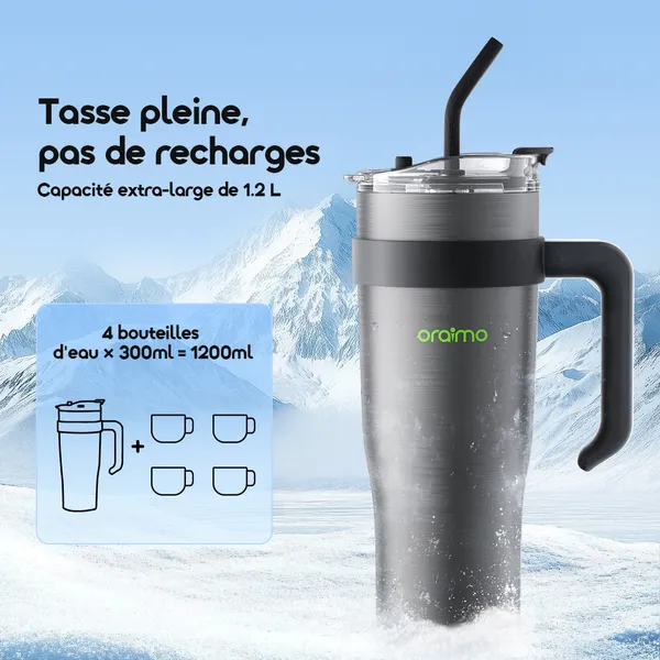 Tall stainless steel Oraimo water pitcher with black handle and spout, set against snowy mountains, advertising 1.2 L capacity.