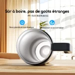 Stainless steel cookware on a wooden table with French safety slogans: lead-free, non-toxic and corrosion resistant icons.