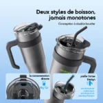 Two stainless steel bottles with black lids and handles, illustrating a dual-mouth design and straw for versatile drinking.