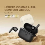 Ad for SpaceBuds Air by Oraimo: black earbuds and charging case on sand, with a white case floating above; French headline 'LÉGERS COMME L'AIR, CONFORT ABSOLU' and logos.