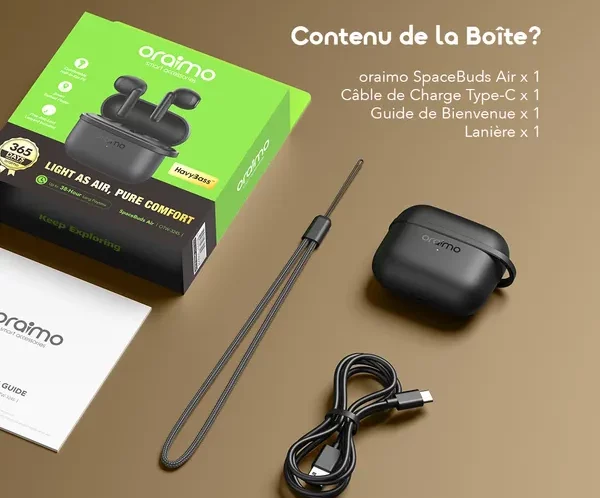 Contents of the box for Oraimo SpaceBuds Air: wireless earbuds in a charging case, USB‑C charge cable, a lanyard, welcome guide, and user manual on a brown background.