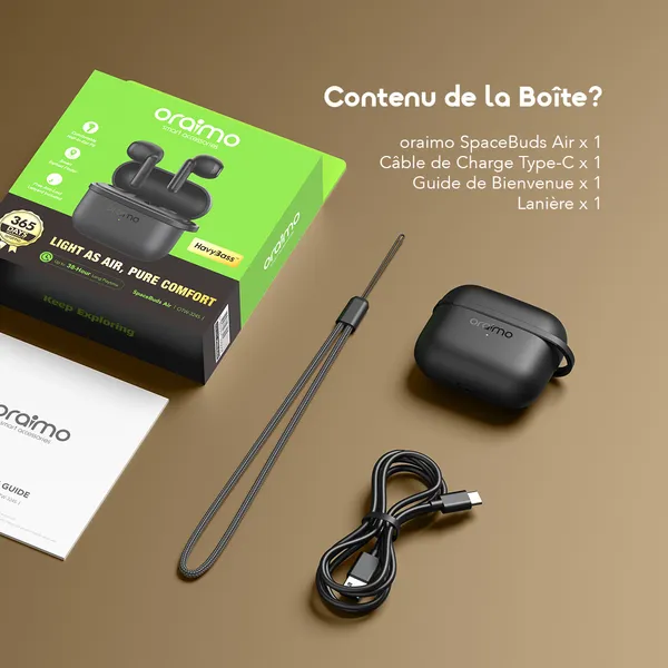 Contents of the box for Oraimo SpaceBuds Air: wireless earbuds in a charging case, USB‑C charge cable, a lanyard, welcome guide, and user manual on a brown background.