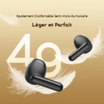 Wireless semi-in-ear earbuds displayed on a gold gradient background with a large '49' and the French slogan 'Léger et Parfait' (Light and Perfect).