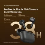 French: Oreillette sans fil oraimo avec boîtier—autonomie annoncée jusqu'à 38 h et écoute de plus de 500 chansons sans interruption (édition publicitaire).