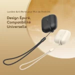 Anti-lost lanyard for wireless earbuds with black and white cases on a warm gradient background.