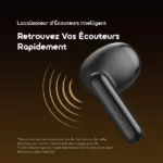Advertisement for an intelligent earbud finder: a black wireless earbud with concentric sound waves on a brown gradient background.