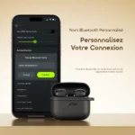 Smartphone displays a Bluetooth name change interface beside a black wireless earbuds case; French headline reads 'Personnalisez Votre Connexion'.