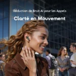 Promo image showing a woman wearing wireless earbuds outdoors, smiling as she talks on the phone, highlighting AI noise reduction for calls.