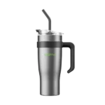Stainless steel travel mug with black handle and a hinged lid, featuring a tall spout and built-in straw on top (OrAimO brand).