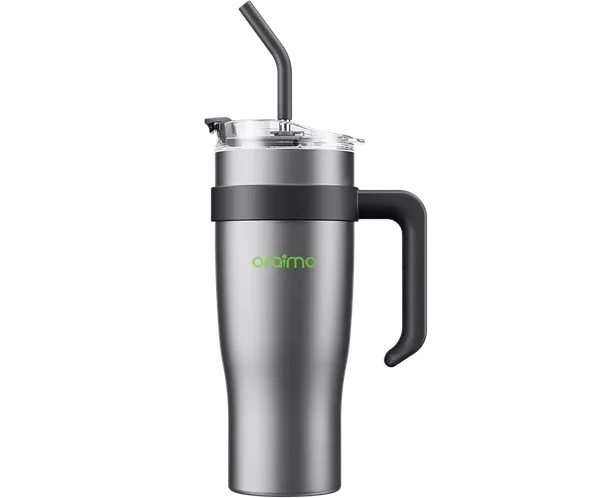 Stainless steel travel mug with black handle and a hinged lid, featuring a tall spout and built-in straw on top (OrAimO brand).