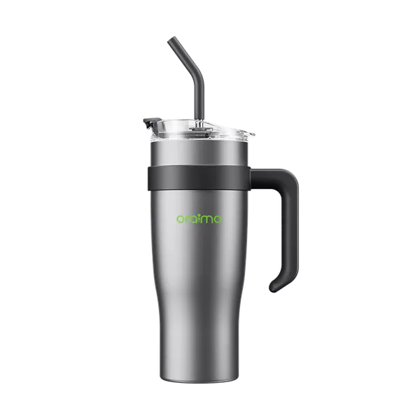 Stainless steel travel mug with black handle and a hinged lid, featuring a tall spout and built-in straw on top (OrAimO brand).