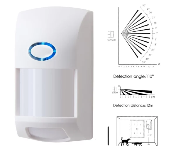 White wall-mounted motion sensor with a blue circular indicator ring