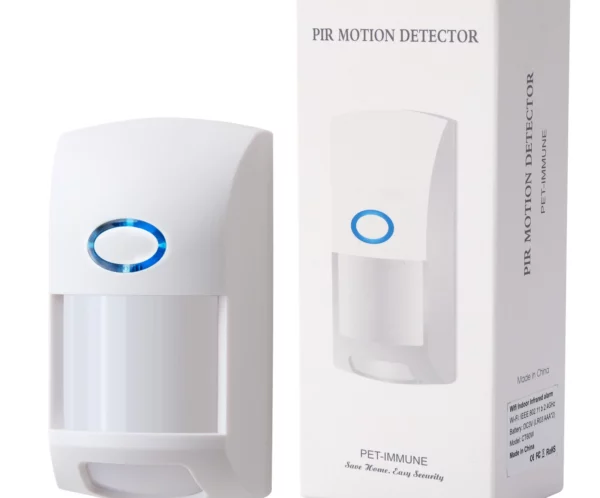 White PIR motion detector with a blue circular indicator beside its box.