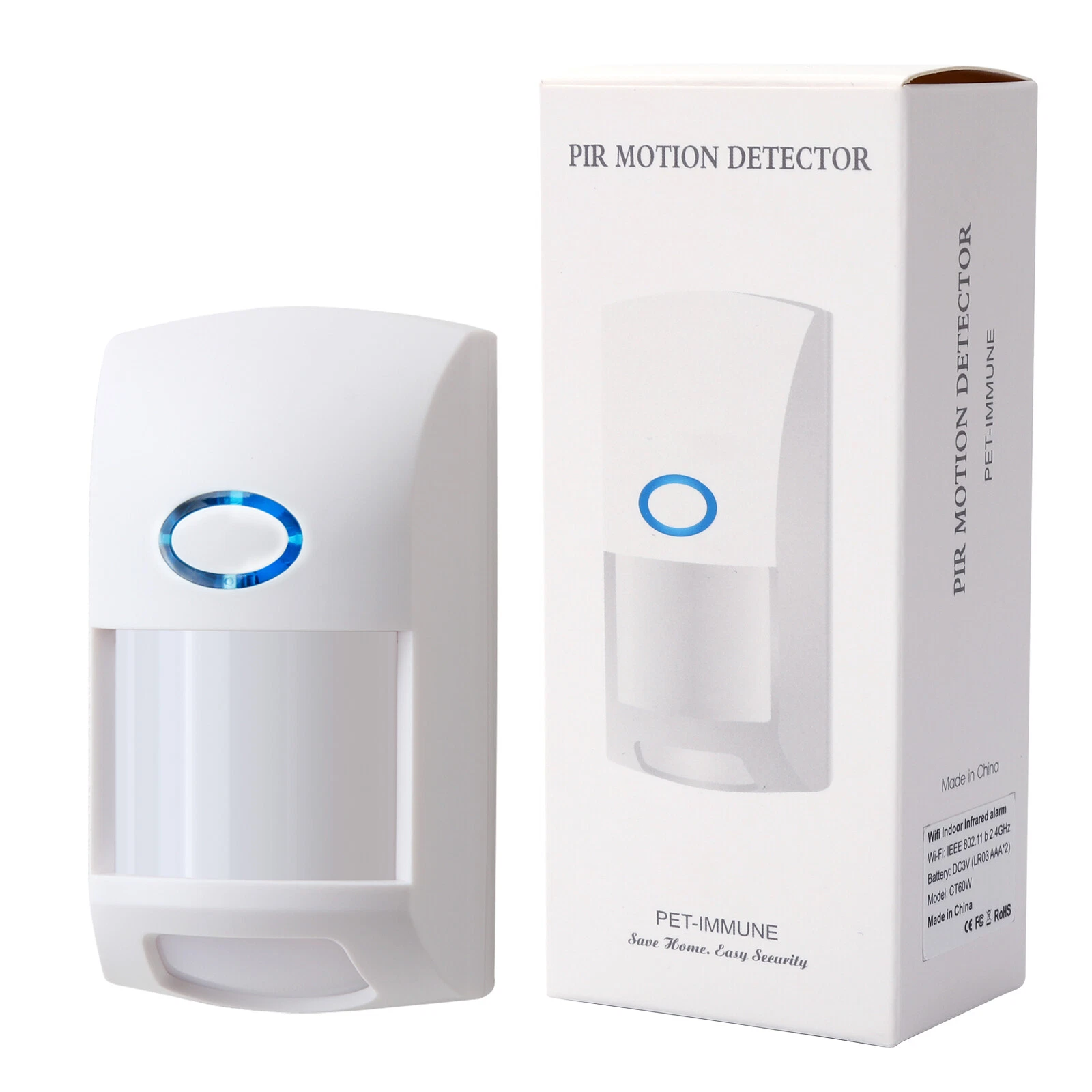 White PIR motion detector with a blue circular indicator beside its box.