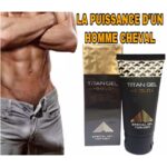 Muscular man's torso on the left with Titan Gel Gold tubes and box on the right; French headline 'LA PUISSANCE D'UN HOMME CHEVAL' above, product labeled 'TITAN GEL GOLD' and 'SPECIAL GEL FOR MEN'