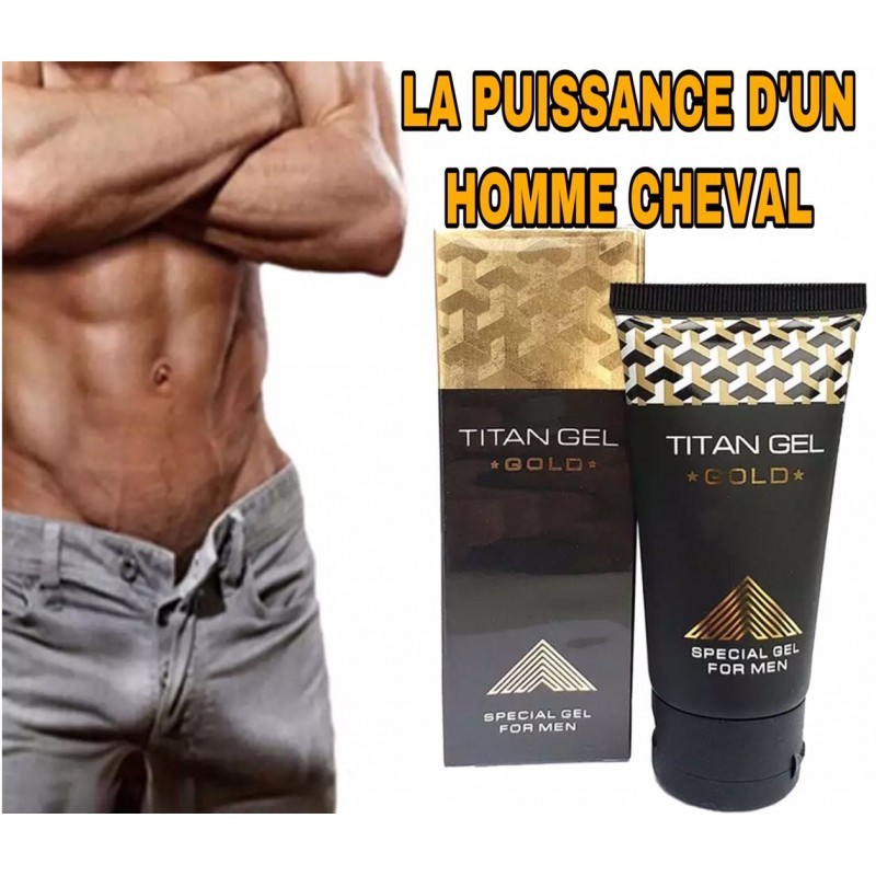 Muscular man's torso on the left with Titan Gel Gold tubes and box on the right; French headline 'LA PUISSANCE D'UN HOMME CHEVAL' above, product labeled 'TITAN GEL GOLD' and 'SPECIAL GEL FOR MEN'