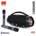 BOOMBOX3 portable wireless speaker with carrying handle and two wireless microphones; 40W output.