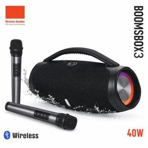 BOOMBOX3 portable wireless speaker with carrying handle and two wireless microphones; 40W output.
