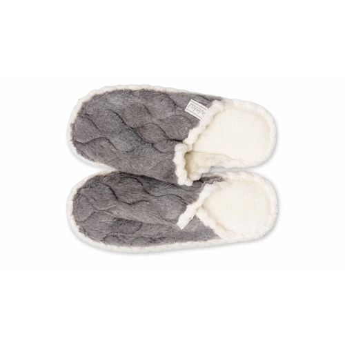 Pair of gray quilted fuzzy slippers with white plush lining, indoor footwear for warmth