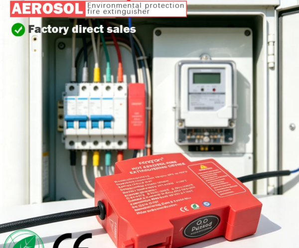 Red aerosol fire extinguisher device placed in an electrical cabinet with wiring and a meter visible; RoHS and CE logos shown in foreground.