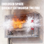Electrical switchboard in a metal enclosure on fire with smoke and sparks; overlaid warning: 'Enclosed space quickly extinguish the fire'.