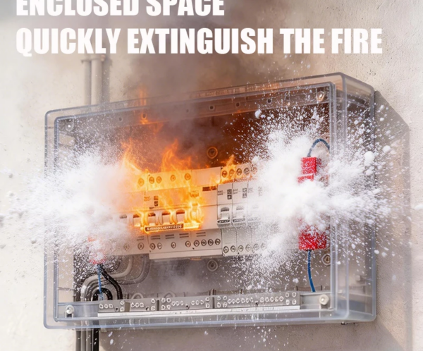 Electrical switchboard in a metal enclosure on fire with smoke and sparks; overlaid warning: 'Enclosed space quickly extinguish the fire'.