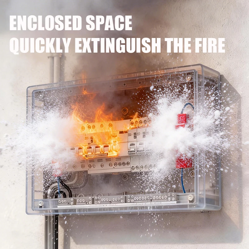 Electrical switchboard in a metal enclosure on fire with smoke and sparks; overlaid warning: 'Enclosed space quickly extinguish the fire'.