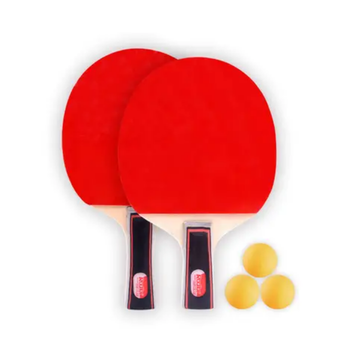 Two red ping pong paddles overlapped with three yellow table tennis balls nearby, on a white background (table tennis gear)