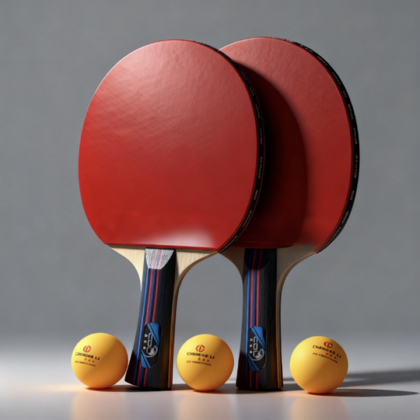 Two red table tennis paddles leaned together with three yellow balls on a gray surface.