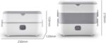 Two compact white lunch warmers with a gray middle band, shown from front-left and front-right views. Left unit: 250 mm wide, 150 mm tall, 120 mm deep. Right unit: 210 mm tall. Each has a small front latch and side clasps.
