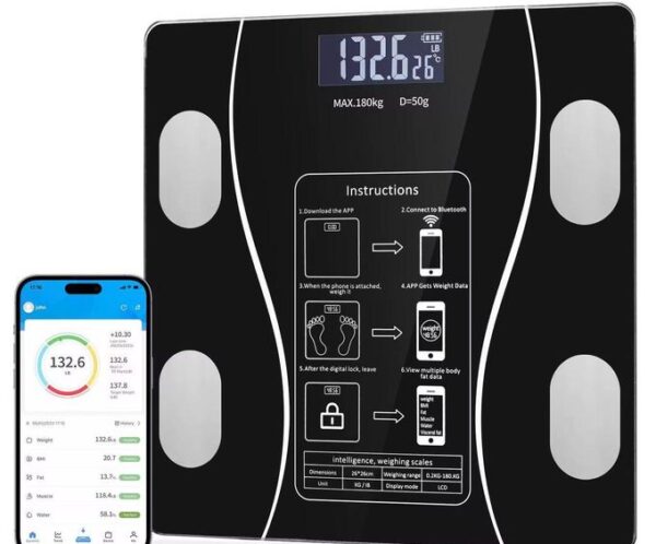 Black digital bathroom scale with a large 132.6 kg readout and a smartphone showing the weight-tracking app beside it.