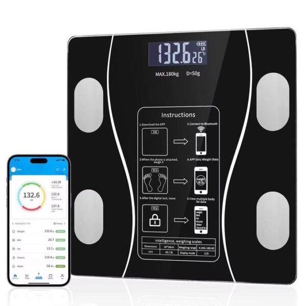 Black digital bathroom scale with a large 132.6 kg readout and a smartphone showing the weight-tracking app beside it.